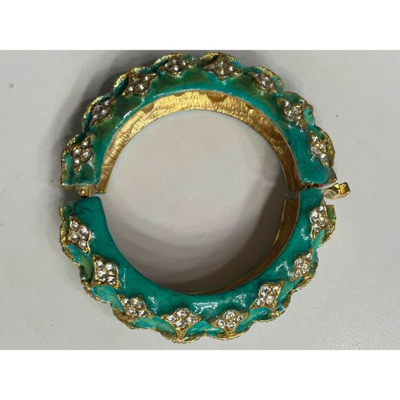 Rare ViTG 1960's Era Kenneth Jay Lane Turquoise Crystals Gold Tone Hinged Bangle - Picture 3 of 11
